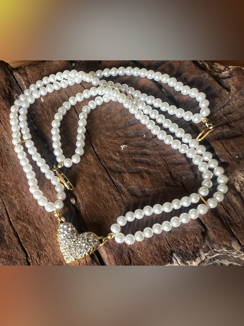 Costume White Pearl Heart Necklace Multi-Strand Gold Tone Crystals Pearls